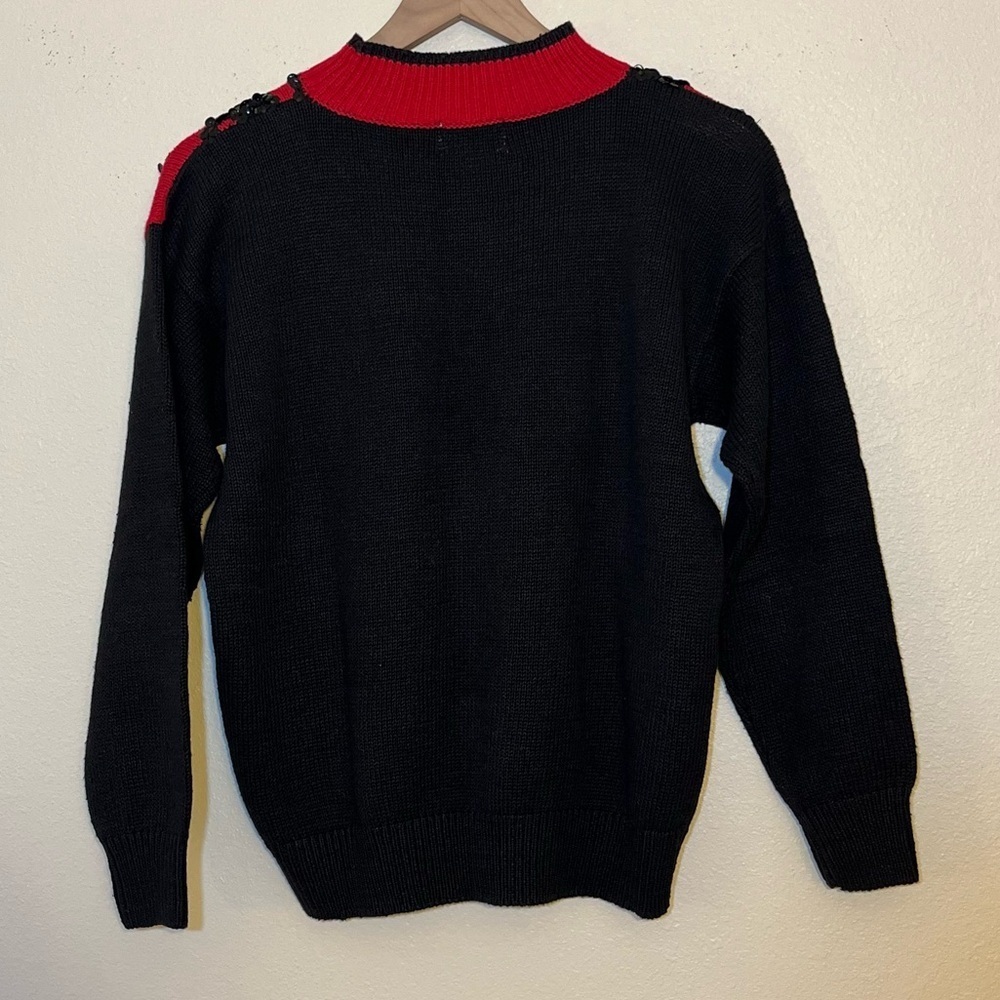 Vintage Sequin Leopard Colorblock Sweater Black Red 80s Glam Statement Knit Top - Picture 3 of 9
